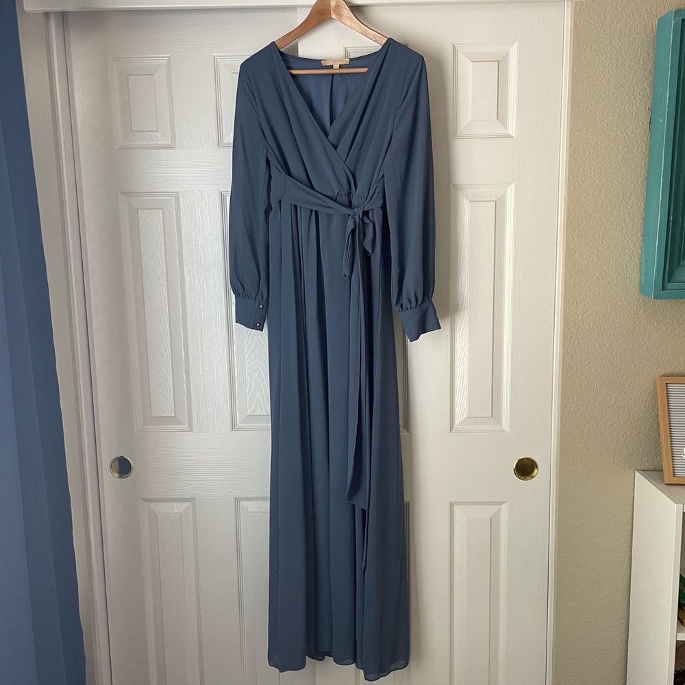 Blue Chiffon Long Sleeve Pleated Maternity Maxi Dress